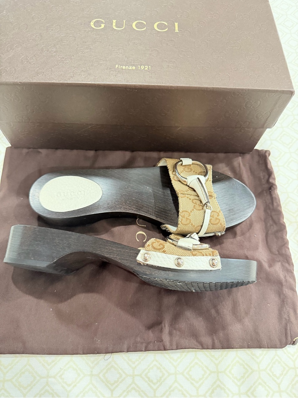 Gucci Brown Monogram Canvas Slide Sandals with Silver Tone Hardware